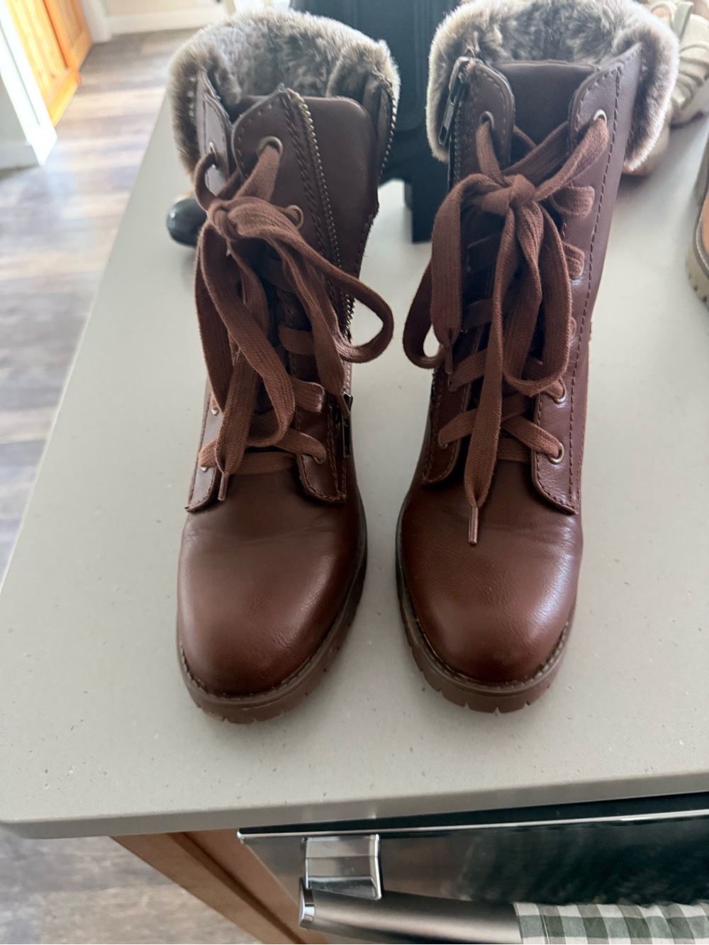 MIA Brown Lace-Up Faux Fur Collar Women's Boots